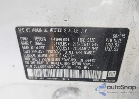 2016 Honda Hr-V Ex from USA, damaged, VIN 3CZRU6H5XGM718686